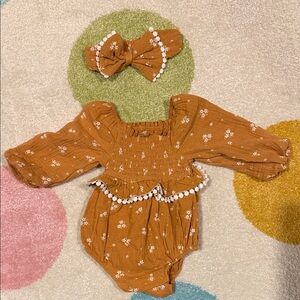 Rachel Zoe Mustard Floral Baby Romper with Headband